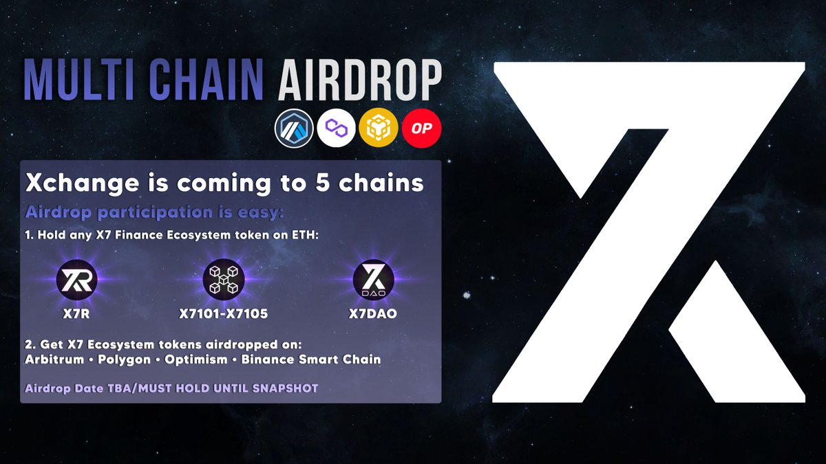 #Xchange is coming to take over DeFi with a simultaneous launch on 5 chains.

We are rewarding early adopters with a once in a lifetime #Airdrop opportunity.  

Join our Discord or Telegram channels to find out more. 

TG: t.me/x7m105portal
Discord: discord.gg/x7finance