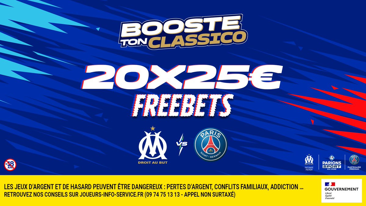 Ce soir c'est <a href="/OM_Officiel/">Olympique de Marseille</a> vs <a href="/PSG_inside/">Paris Saint-Germain</a> qui s'annonce bouillant 🔥 

On #BoosteTonClassico avec 20x25€ de Freebets à gagner si tu trouves le score exact entre l'OM et le Paris Saint-Germain 🤩

Pour jouer: 
1️⃣ RT &amp; Follow
2️⃣ Réponds avec le score exact + #FreebetParionsSport