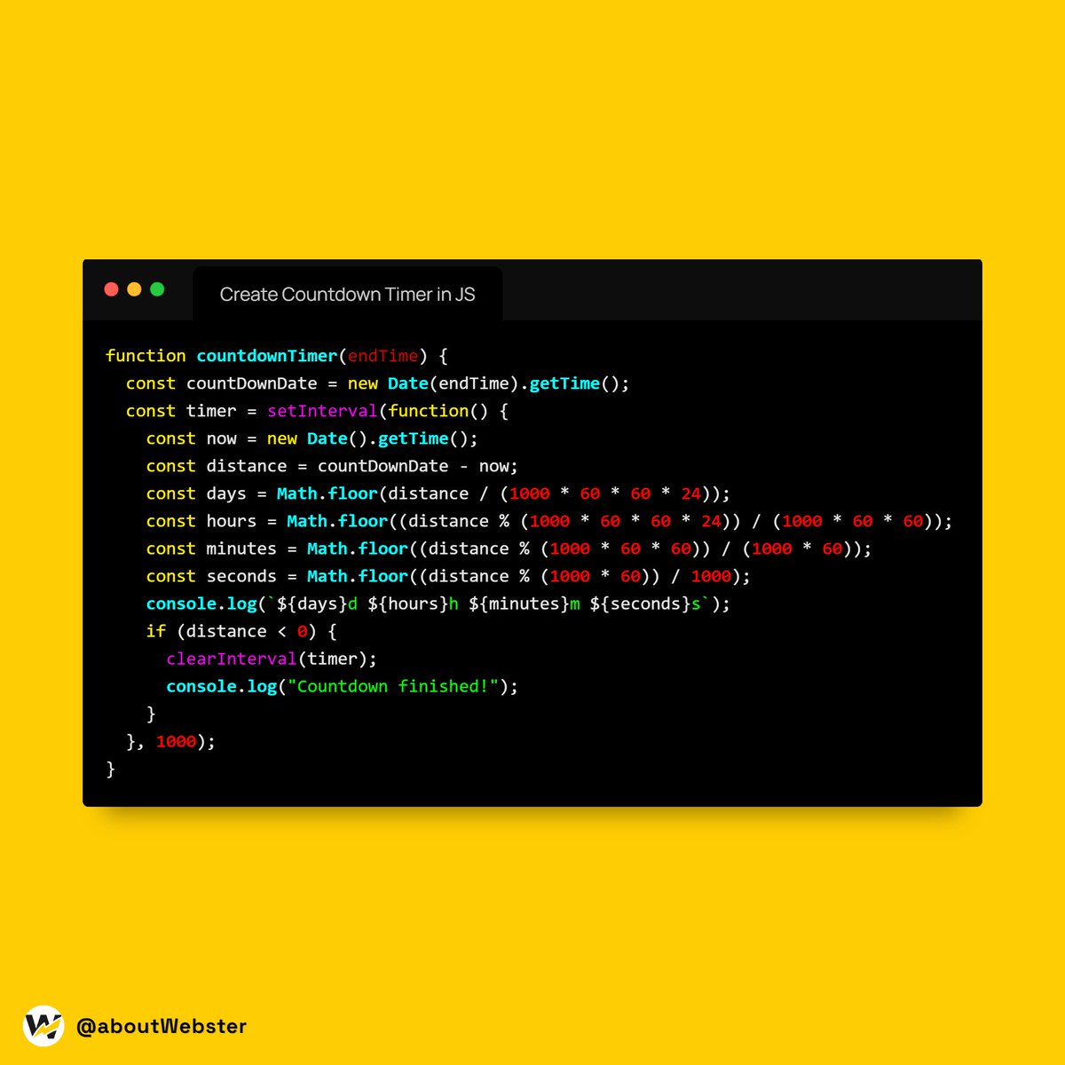 about_webster's tweet photo. JavaScript Program to Create Countdown Timer
#programming #coding #programmer #developer #python #technology #javascript #code #coder #html #webdeveloper #tech #css #webdevelopment #cssanimation #softwaredeveloper #programmers #webdesign #programminglife #php #computer #webster https://t.co/ZZ6HGQ9PfE