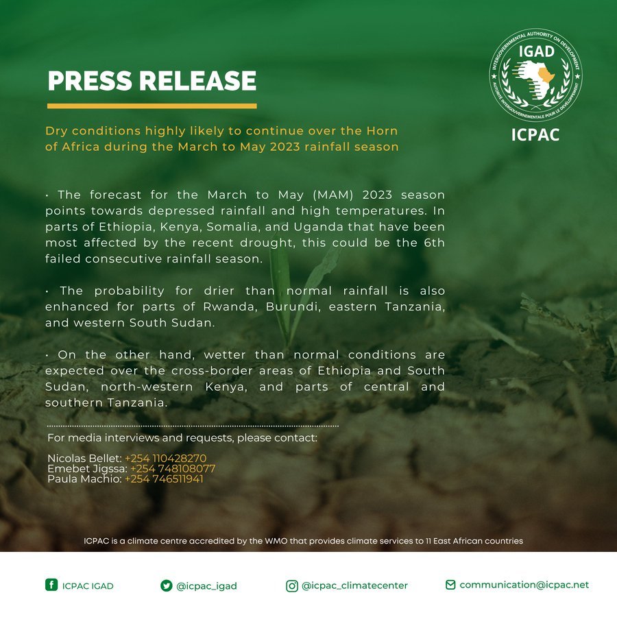 NecjoghaNews's tweet photo. Experts have predicted below-normal rainfall over most parts of the Greater Horn of Africa (GHA) in the next three months @icpac_igad #GHACOF63

https://t.co/4D4lNHeiE6 https://t.co/p13D10BOXU