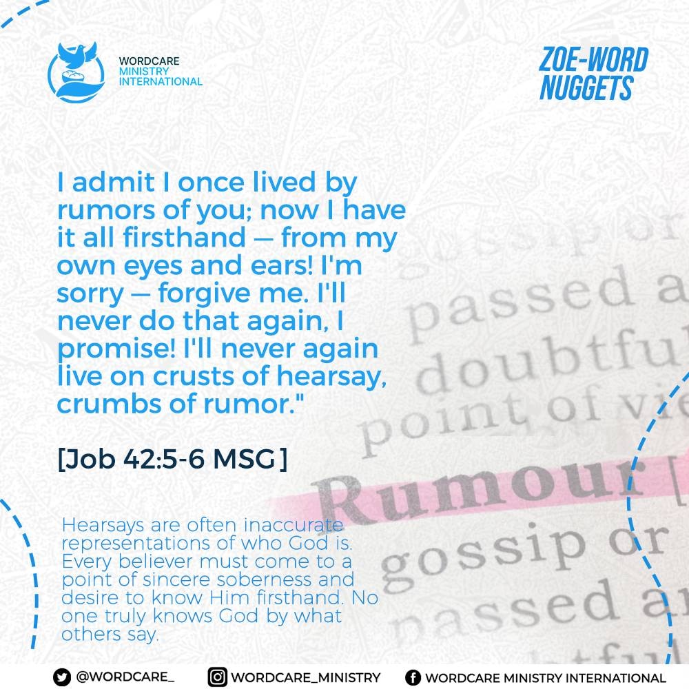 _taiwodamilola's tweet photo. Hearsays are often inaccurate representations of who God is. Every believer must come to a point of sincere soberness and desire to know Him firsthand. No one truly knows God by what others say
#ZoeWordNuggets #WordCare #lifenuggets #propheticalert #rumors #hearsay #misrepresent https://t.co/TrmQhehl0U