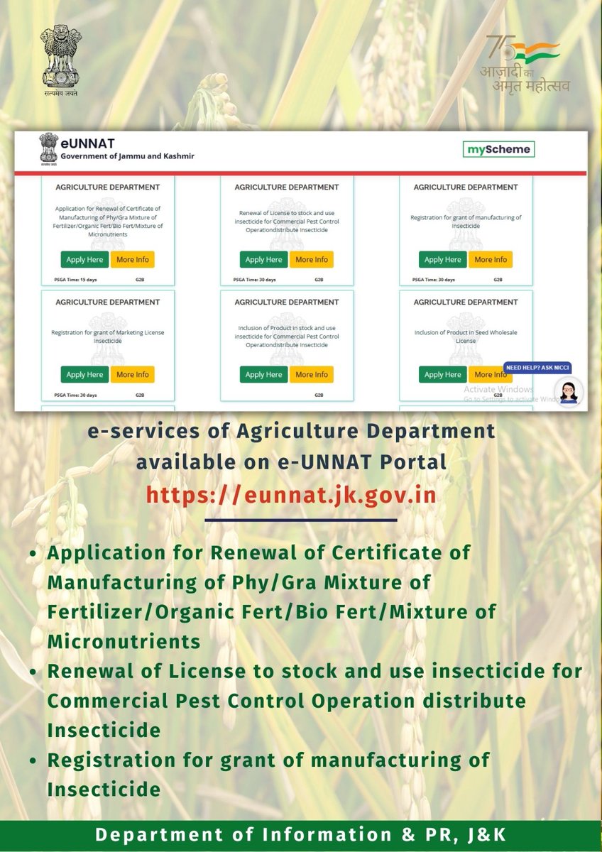 Informationspn's tweet photo. #DigitalJK
You can find all services of Agriculture Department on e-UNNAT Portal, just visit this single digital platform and find the service by selecting the Department and clicking on the services available
@diprjk 
@PIBSrinagar 
@ddnews_jammu 
@ddnewsSrinagar https://t.co/KldhO2swWB