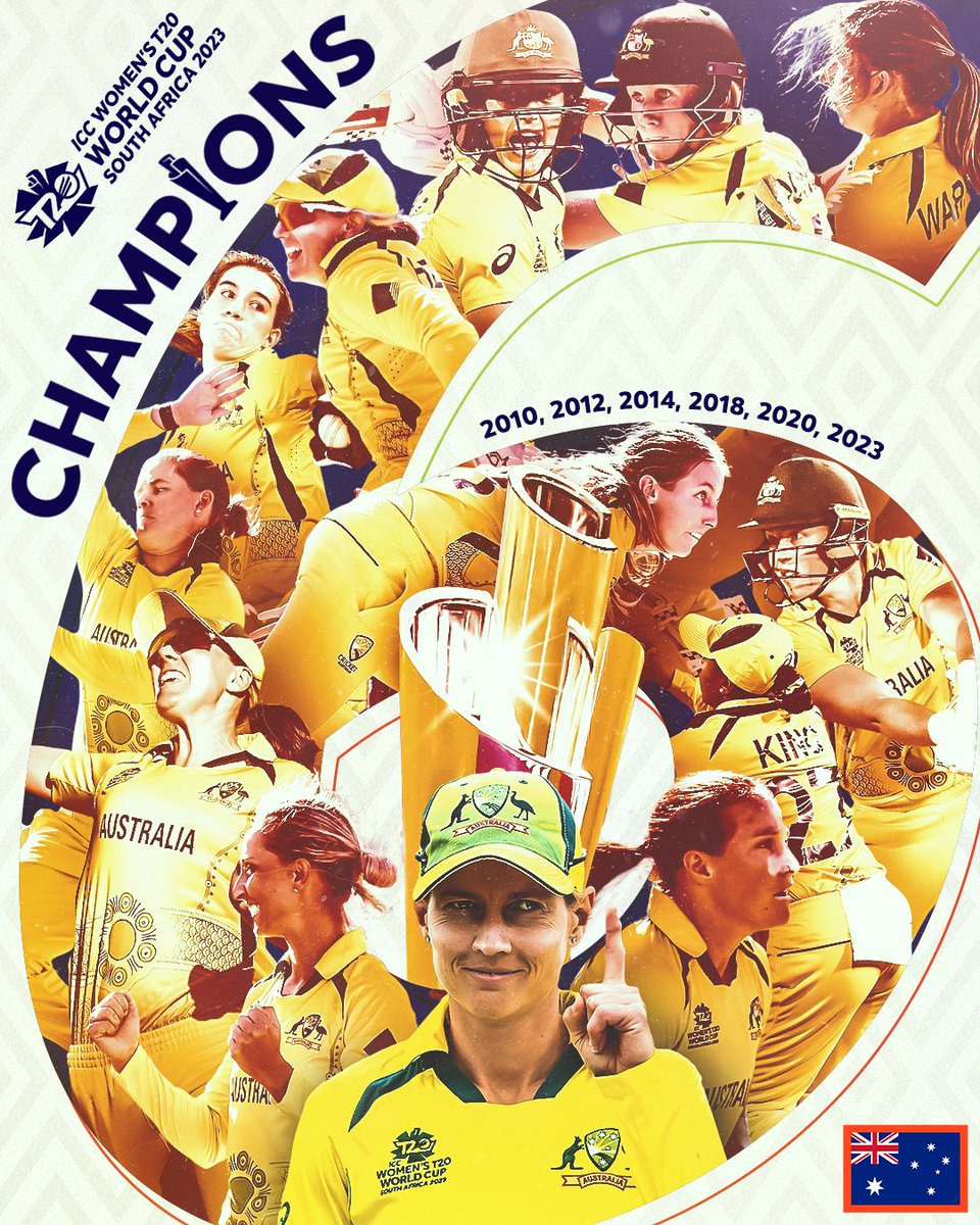 Australia are the champions of the world for the record 6th time.🏆🏆🏆🏆🏆 🏆
Take a bow, Meg and co. 

Well fought South Africa. You truly were remarkable throughout the tournament. 

#AUSvsSA
#t20worldcup2022
#CricketAustralia
#AlyssaHealy 
#LQvsPZ 
#ICCWomensT20WorldCup