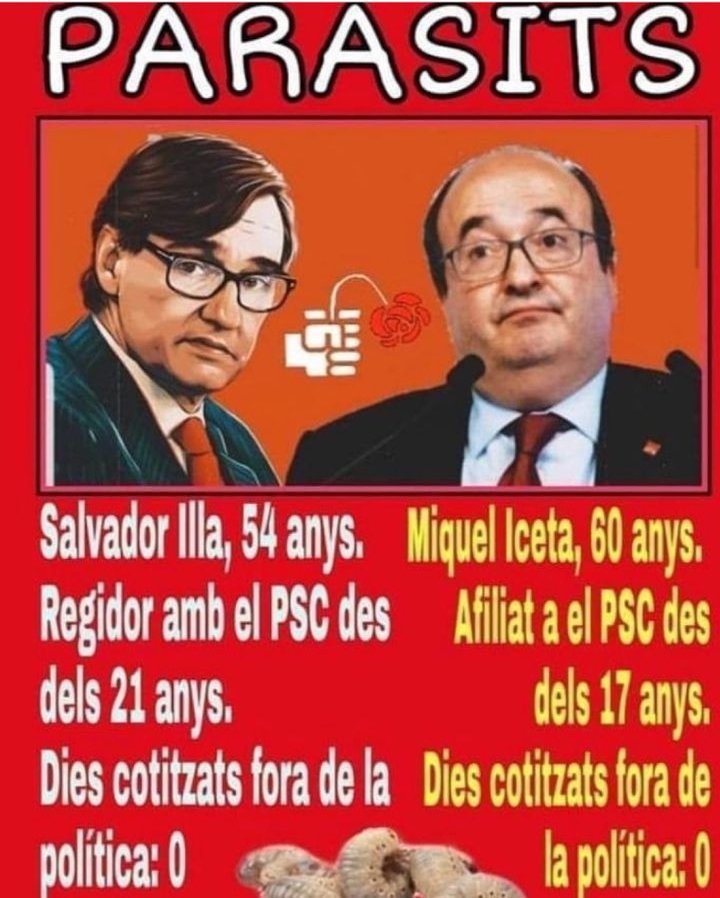 Josep Clar i català 💛❤️💛❤️💛❤️💛❤️💛 (@josbuar1968) on Twitter photo Què no saps què és un PARÀSIT 🤔
Aquí tens dos 👇 <a href="/salvadorilla/">Salvador Illa Roca</a> <a href="/miqueliceta/">Miquel Iceta Llorens /🌹🇺🇳</a> Què no saps què és un PARÀSIT 🤔
Aquí tens dos 👇 <a href="/salvadorilla/">Salvador Illa Roca</a> <a href="/miqueliceta/">Miquel Iceta Llorens /🌹🇺🇳</a>