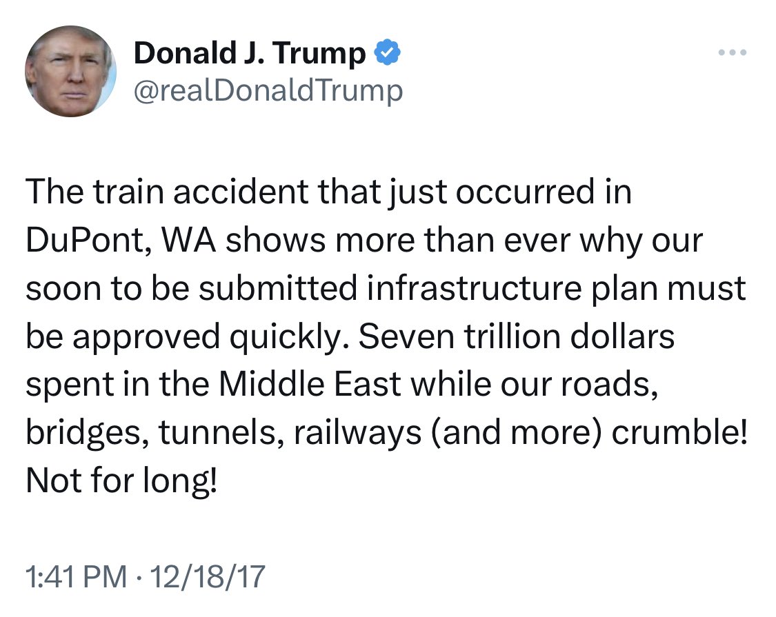 @RepGregSteube Deadly train crash in 2017. Trump’s response:
