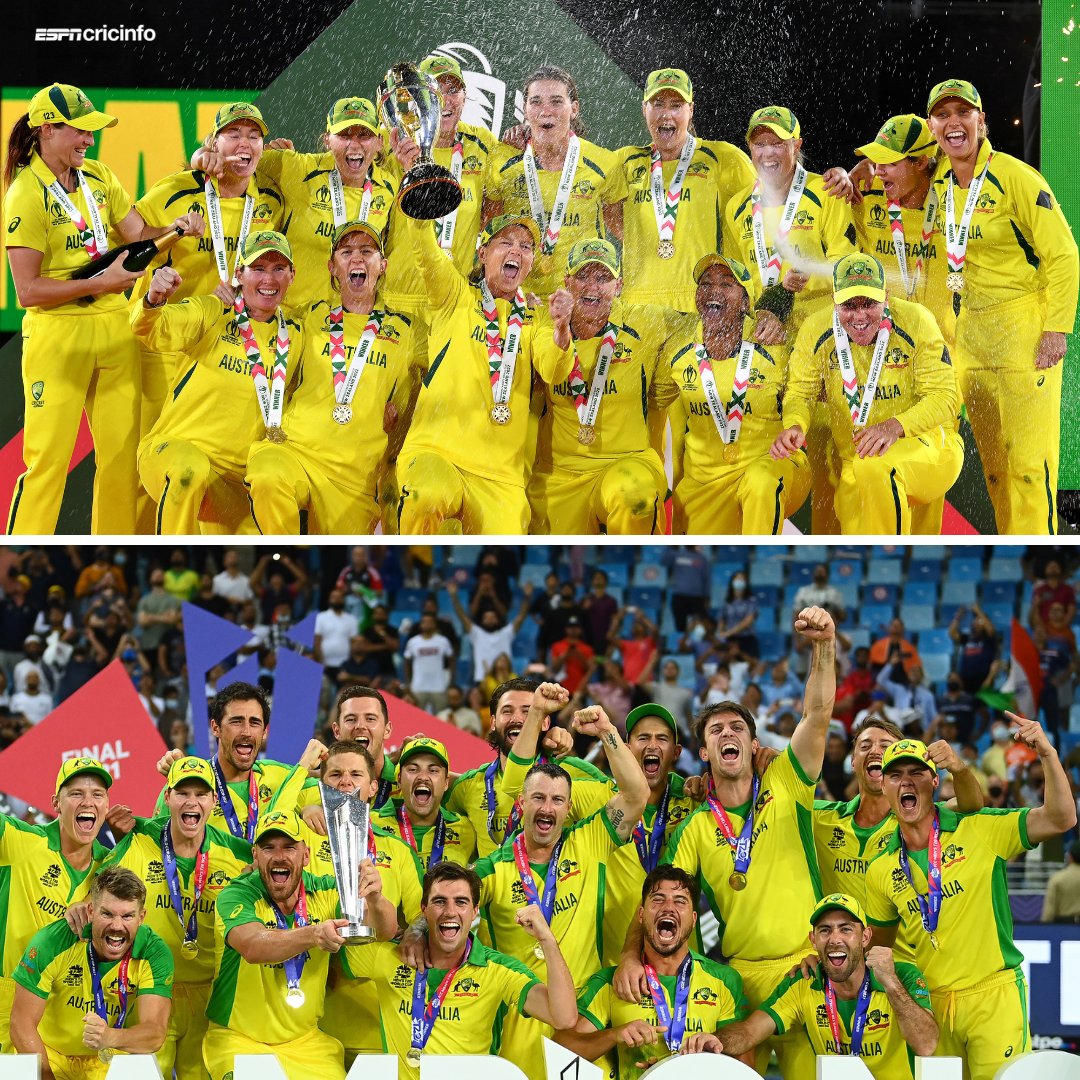 21 titles, ONE NATION 🤯

Australia as champions in ICC tournaments:

🏆 Women 
ODI WC - 1978, 1982, 1988, 1997, 2005, 2013, 2022
#T20WorldCup - 2010, 2012, 2014, 2018, 2020, 𝟮𝟬𝟮𝟯 💥

🏆 Men 
ODI WC - 1987, 1999, 2003, 2007, 2015
T20 WC - 2021
Champions Trophy - 2006, 2009