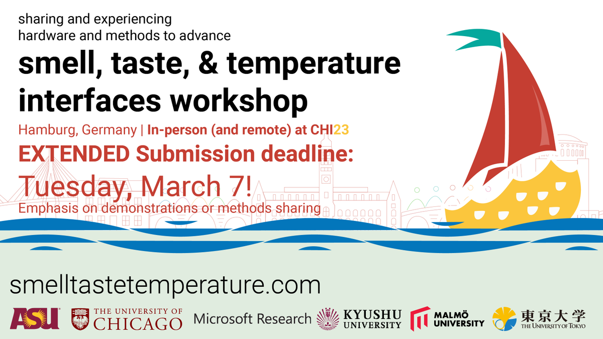 #CHI2023 'Smell, Taste, & Temperature Interfaces' workshop is 📣 EXTENDING its submission deadline to Tuesday, March 7th!📣 We're excited to see your submissions related to art, technologies, thoughts, + more on smell, taste, & temperature!☕️🌻🧊smelltastetemperature.com #STT23