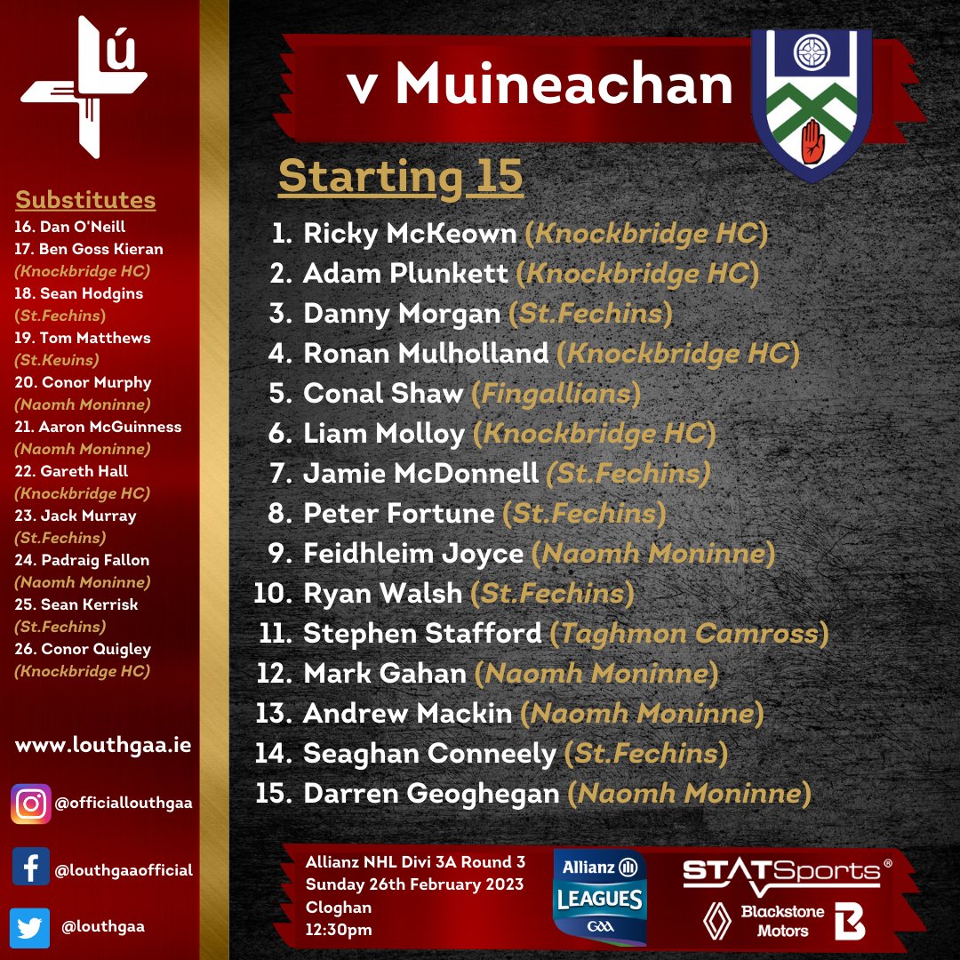 Allianz NHL Division 3A Rd 4

Paul McCormack names his team to play Monaghan.

Throw in 12:30pm in Cloghan.

<a href="/statsports/">STATSports</a> l <a href="/OfficialBSM_1/">Blackstone Motors</a> 

#BackedByBlackstone