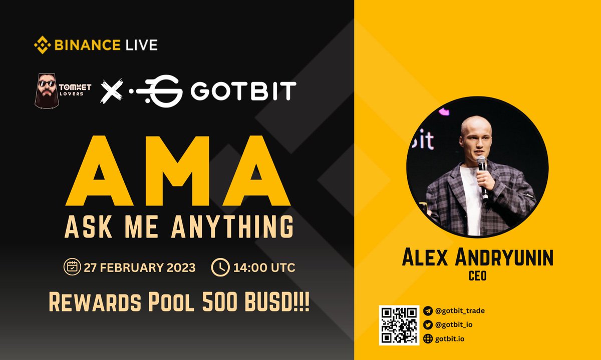 We will be holding an AMA with

Gotbit Hedge Fund will hold an Live AMA at Binance Live Tomket Community 
AMA Timing : 27 February 2023 | 04:00 UTC
Reward : 
500$

t.me/tomketloversre…

#AMA #BinanceLive