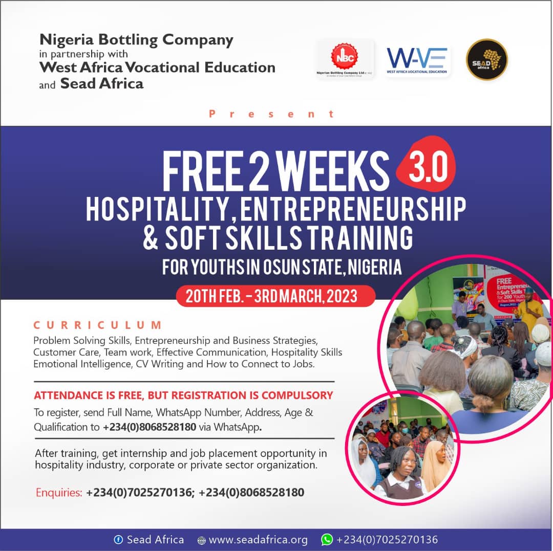 3RD BATCH TRAINING OF THE HOSPITALITY, ENTREPRENEURSHIP & SOFT SKILLS TRAINING FOR YOUTHS IN OSUN STATE NIGERIA started last week on 20th February, 2023.

Organized by the Nigerian Bottling Company, Wave Academy and Sead Africa.

#YouthDevelopment
#NBC
#WaveAcademy
#SeadAfrica