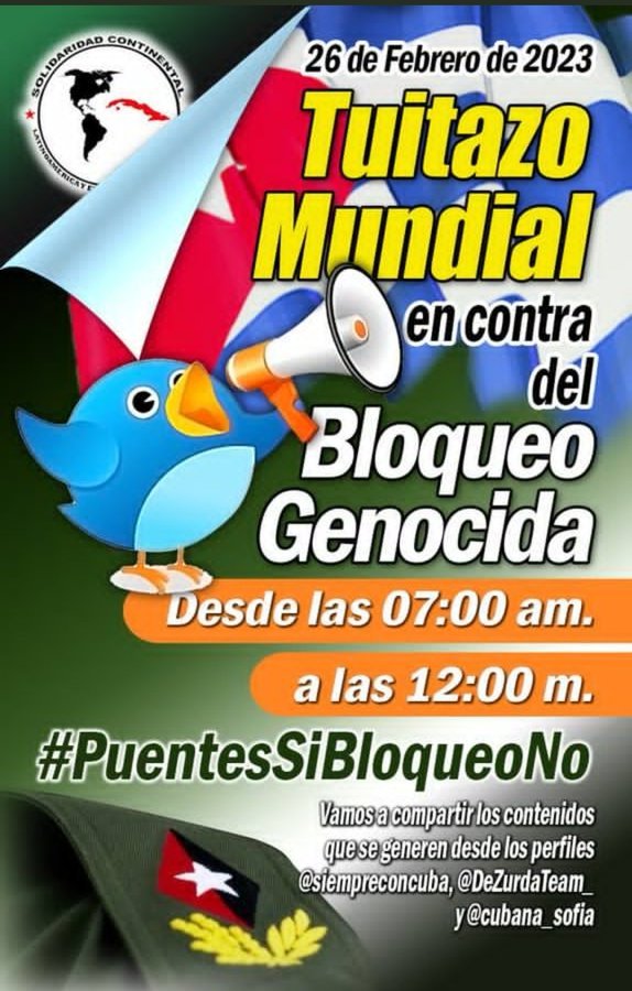 Exigimos el fin del bloqueo genocida. Es despiadada la guerra económica sostenida d los Estados Unidos contra el pueblo cubano. Adelante juntos en todo el mundo en esta jornada #PuentesSiBloqueoNo #MejorEsPosible