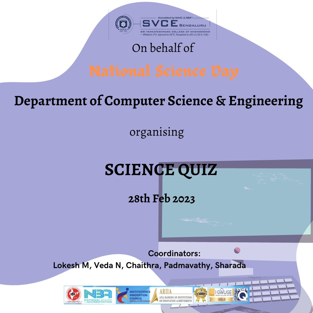 SvceBengaluru's tweet image. On behalf of #nationalscienceday , #departmentofcomputerscienceandengineering is organising Science Quiz, Coding and Debugging, Pencil Sketching, Event Article Writing, Poster Creation on 28th February #svce #svcebengaluru #svcebangalore #bestengineeringinstitute