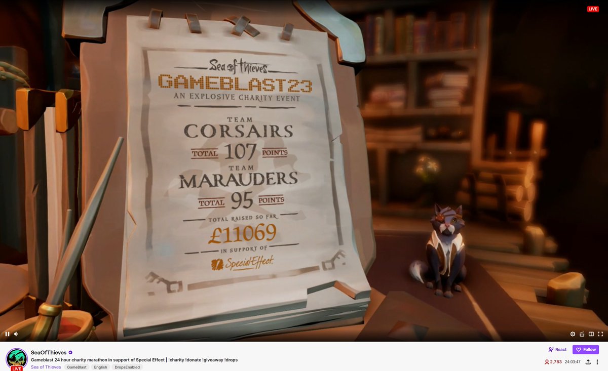 Fantastic fundraiser by the team <a href="/StatusEffectCo/">status effect</a>! 
Pop in now if you want to win a gaming chair &amp; other giveaway prizes 🏴‍☠️

twitch.tv/seaofthieves