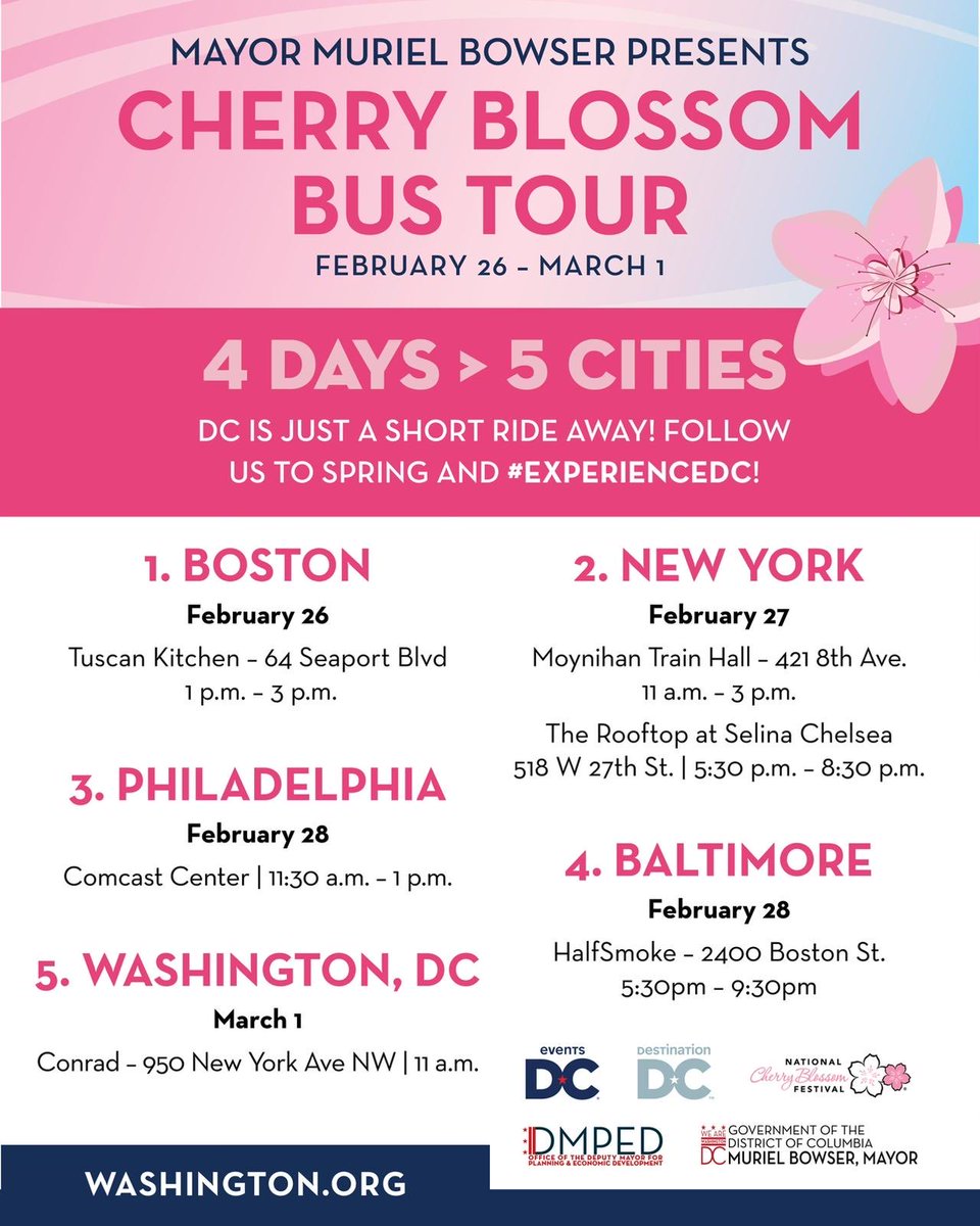 ⁦@MayorBowser⁩’s Cherry Blossom bus tour begins today in Boston. Follow us to spring and #experiencedc! See washington.org for details on this year’s Cherry Blossom festival
