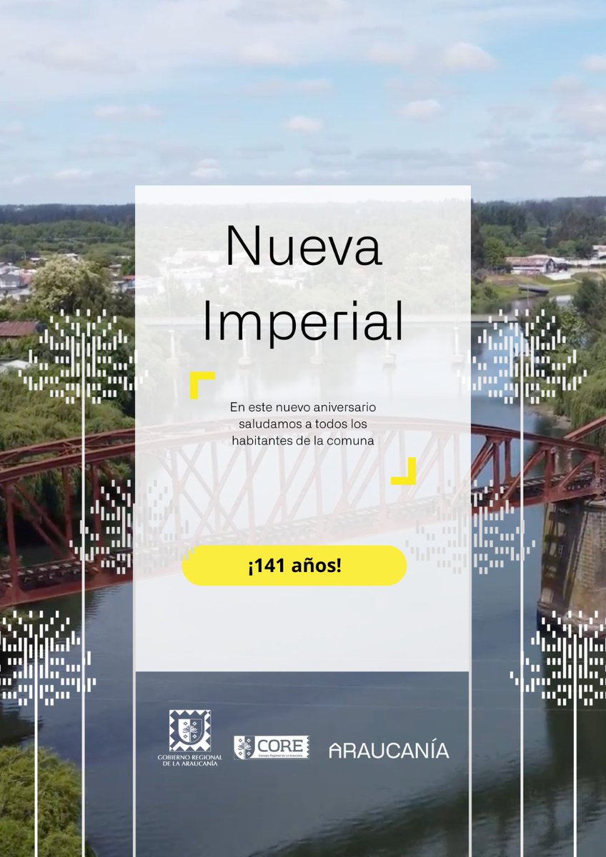 Hoy domingo, la comuna de #NuevaImperial cumple 141 años, y no queremos dejar pasar esta importante fecha para la “Ciudad Acuarela” y sus vecinos. Desde el <a href="/gorearaucania/">Gobierno de La Araucanía</a> y su gobernador, <a href="/LucianoRivas/">Luciano Rivas</a>, saludamos a todos sus habitantes y les deseamos un feliz aniversario.