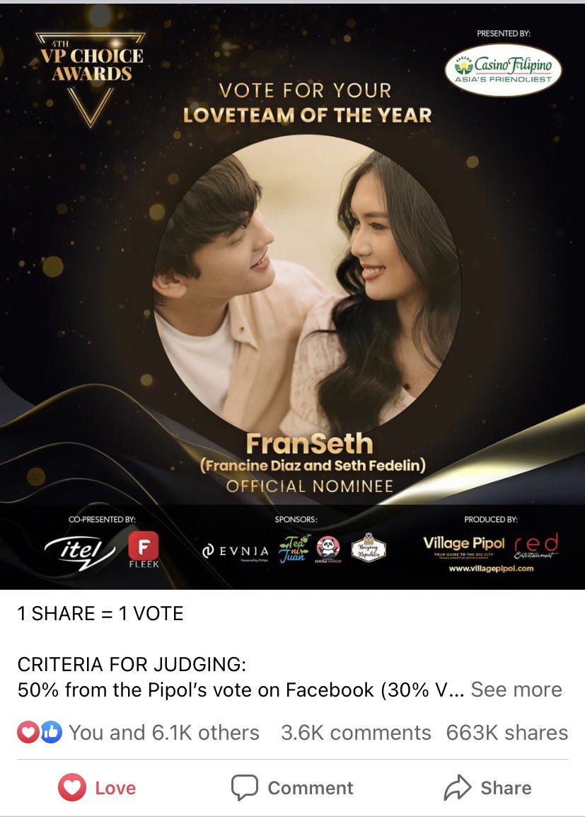 inang_mheck's tweet photo. Power Vote for @imsethfedelin @francinecarreld sa VP Choice Awards at sa Village Pipol!

UNLI SHARE Kapamilya! 

🔗https://t.co/4cyoBk4hpE

🔗https://t.co/Fp1F84gogF 

1M LOVE FOR FRANSETH https://t.co/AmF9BzLGdx