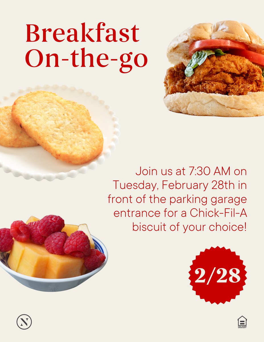 Grab N' GO Breakfast from @ChickfilA 
This Tuesday, February 28th at 7:30am 
In front of the parking garage entrance/exit.
#LiveParamount #WeLoveOurResidents #Orlando #LuxuryRentals #GrabNGO #BreakfastOnUs #Community #ResidentEvents