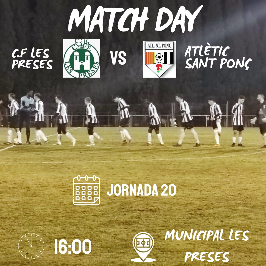 Día de partit! 

📆 Jornada 20
🏟️ Municipal Les Preses 
⏰ 16:00
🆚 <a href="/CfPreses/">CF Les Preses</a>