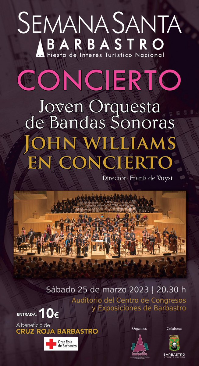 JOBSZaragoza's tweet photo. ¡Agendas preparadas! 📒🖋️ Que anunciamos un nuevo concierto cinematográfico… 🫢 Será en Barbastro, el próximo sábado 25 de marzo, a las 20:30 h. 🎫 Entradas a 10€, a beneficio de la Cruz Roja. ¡Os esperamos! https://t.co/vMp7lGQLqT