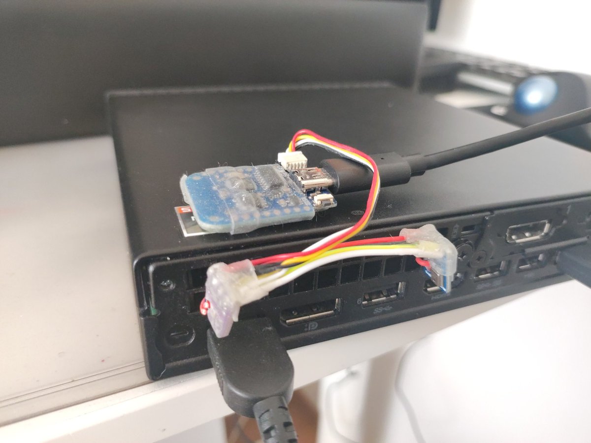 fabaff's tweet photo. Non-invasive and cheap approach to monitor the temperatur of your hardware with @esphome_ and @home_assistant.
Two🌡️sensors, an ESP8266 and the exhaust air stream. It it as reliable as the hardware's on-board sensors? Of course, not. https://t.co/u4a2fLPEex