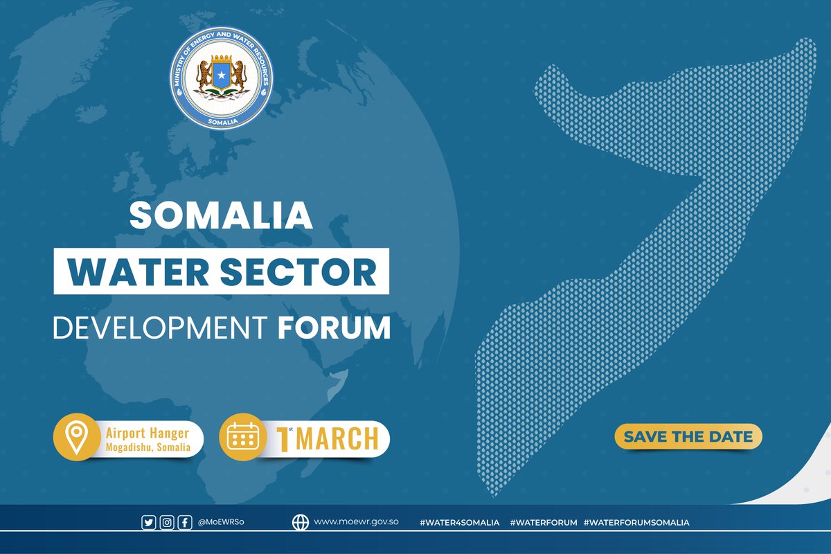 <a href="/MoEWRSo/">Ministry of Energy and Water Resources Somalia</a> is excited to announce the upcoming high-level Somalia Water Sector Development Forum on March 1, 2023, in Mogadishu! 

#WaterForum #WSCF #Water4Somalia