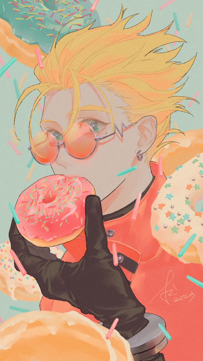 doughnut 1boy male focus food solo blonde hair gloves  illustration images