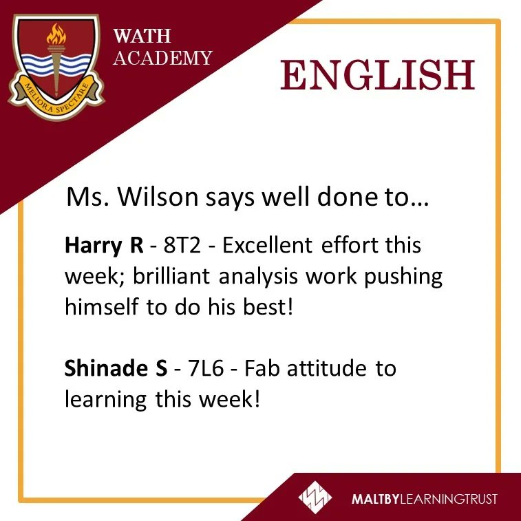 Wath_English's tweet image. What a great start to the new half term! Well done to these students showcasing the key drivers in their English lessons this week! #worldclasslearning #thehighestexpectations #growthmindset #nevergiveup #noexcuses #everyoneisvalued #integrity. 👏