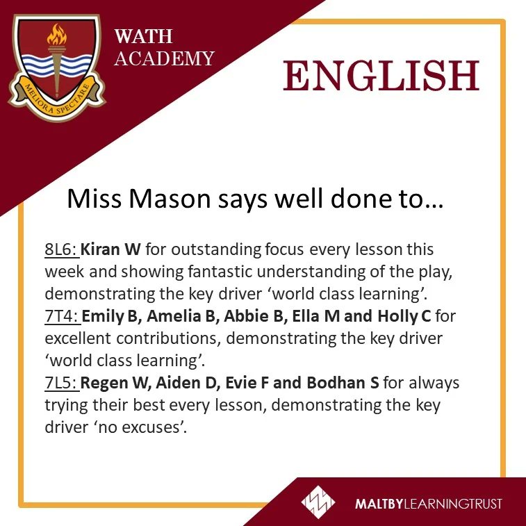 Wath_English's tweet image. What a great start to the new half term! Well done to these students showcasing the key drivers in their English lessons this week! #worldclasslearning #thehighestexpectations #growthmindset #nevergiveup #noexcuses #everyoneisvalued #integrity. 👏