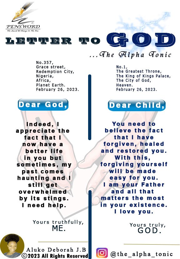 Stars over Scars!✨
Yours, from the Father that matters the most in your existence.
Stay Healed. ❤‍🩹

#freedomthinkers #letting_go  #guiltfreeliving #DLconversations #theverywellmind #divinepeace #happysunday #alphatonic💯 #LettertoGod🔥