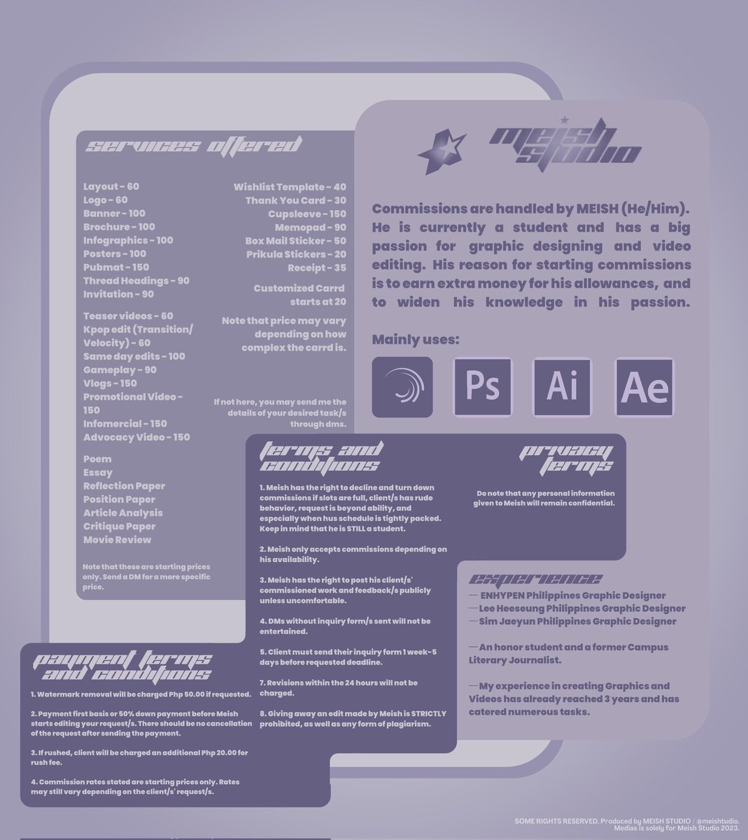 🎧 ── Welcome to Meish Studio .ᐟ

Hello, I am now accepting creative, academic, and carrd commissions .ᐟ Please check the images attached for more information.

Feedbacks ── #yourstrulyish
Updates ── #meishupdates
Samples ── if.fm/meish