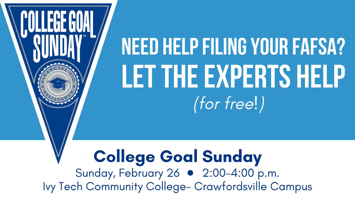 College Goal Sunday is today! Stop by Ivy Tech Crawfordsville anytime between 2:00-4:00 p.m. for free help filing your FAFSA for the 2023-24 school year 📑

Visit collegegoalsunday.org to see the checklist of documents to bring with you. See you there!