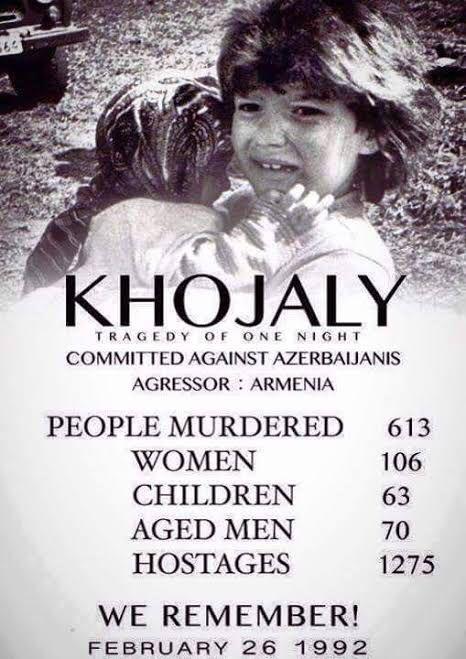 26 फ़रवरी 1992 को आर्मेनिया की फ़ौज द्वारा Khojaly में एक हज़ार से अधिक अज़रबैजानी मूल के लोगों का क़त्ल कर दिया गया था,
ये Nagorno-Karabakh के इलाक़े में क़ब्ज़े को लेकर हो रहे संघर्ष में सबसे बड़ा आम लोगों का नरसंहार था।
#KhojalyMassacre #TodayinHistory