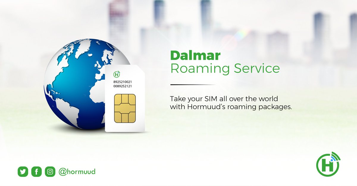 Hormuud's tweet photo. Our 𝗗𝗮𝗹𝗺𝗮𝗿 service enables you to stay connected with your friends & family from anywhere on the globe while managing your essential services like 𝗘𝗩𝗖 𝗣𝗹𝘂𝘀 & 𝗗𝗲𝗲𝗾𝘁𝗼𝗼𝗻
Get 𝗗𝗮𝗹𝗺𝗮𝗿 now & enjoy hassle-free global mobility.
#Dalmar
#RoamingService
#EVCplus https://t.co/0i3SyvsX4C