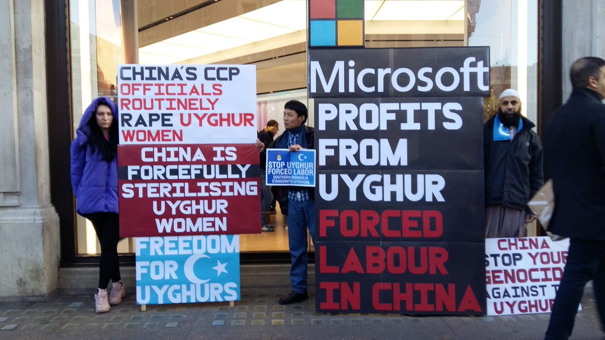 Yesterday, our team protested against #Microsoft profiting from #Uyghur #forcedlabour in #Xinjiang - let's stand together and not let Western companies get away with their complicity in the #UyghurGenocide !