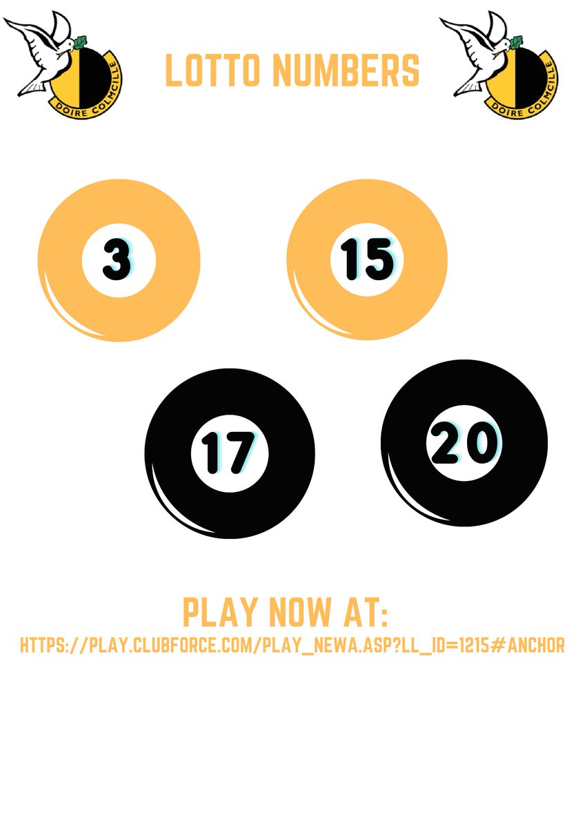 ⚫️🟡 Lotto Numbers - Jackpot £6450 🟡⚫️

🏐 3, 15, 17, 20 🏐

Good Luck Everyone🍀🍀

🏐 Tickets On Sale Online Now at:
play.clubforce.com/play_newa.asp?…

Lotto provided by Cairde Colmcille