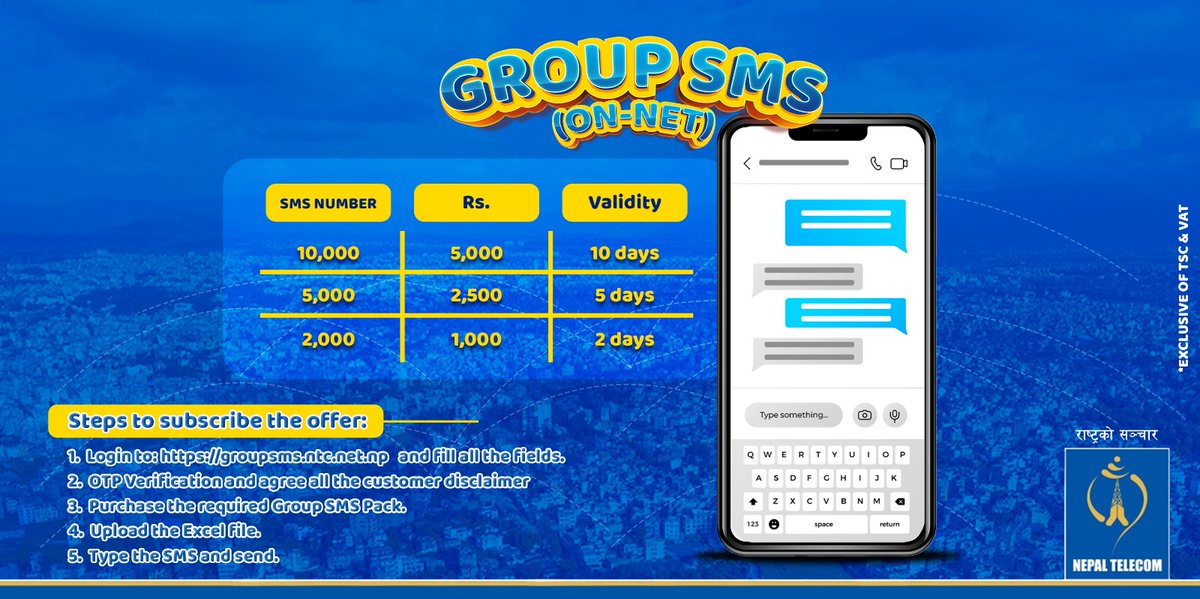 ndcl_nt's tweet photo. अब सम्पूर्ण सहकर्मीहरुलाई एकै साथ SMS पठाउनुहोस्!
#Nepaltelecom #NT #Groupsms https://t.co/DUnQUP1UP3