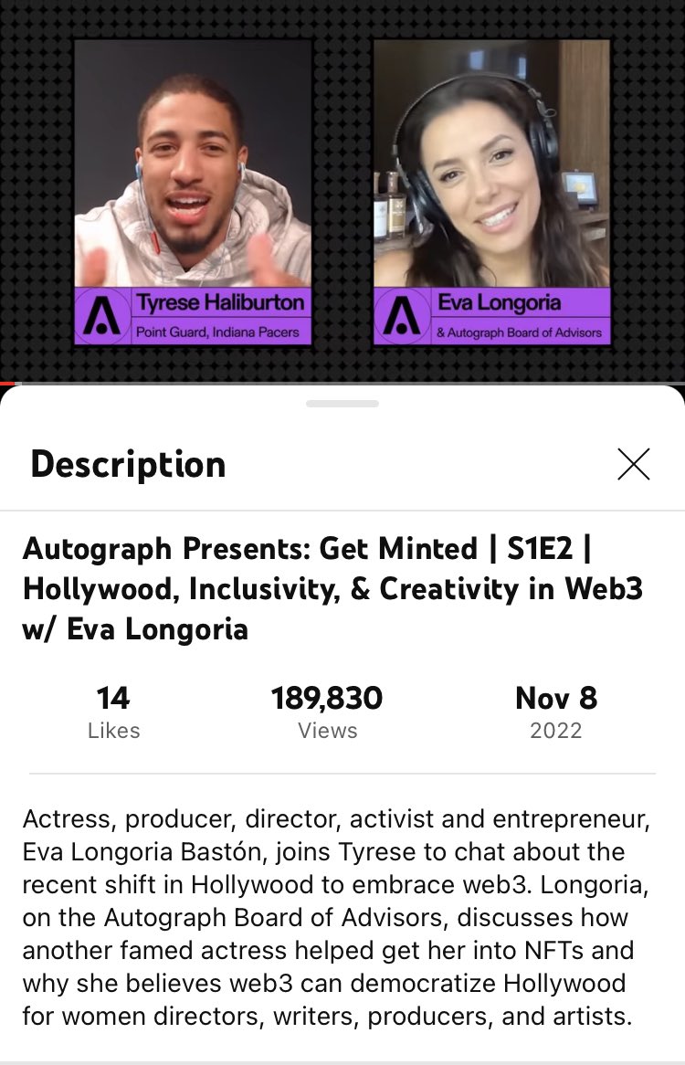 takrummel's tweet photo. Loved listening to @EvaLongoria's episode of 'Get Minted' with @TyHaliburton22! https://t.co/osOUpxeP3y. Would love for her to make the trip to Tampa for her bday weekend and join #AGnation for the @TomBrady @Autograph #GOATparty in 18 days! @opensea @DK_Marketplace #sigclub #NFT https://t.co/O6Rua9TmAB
