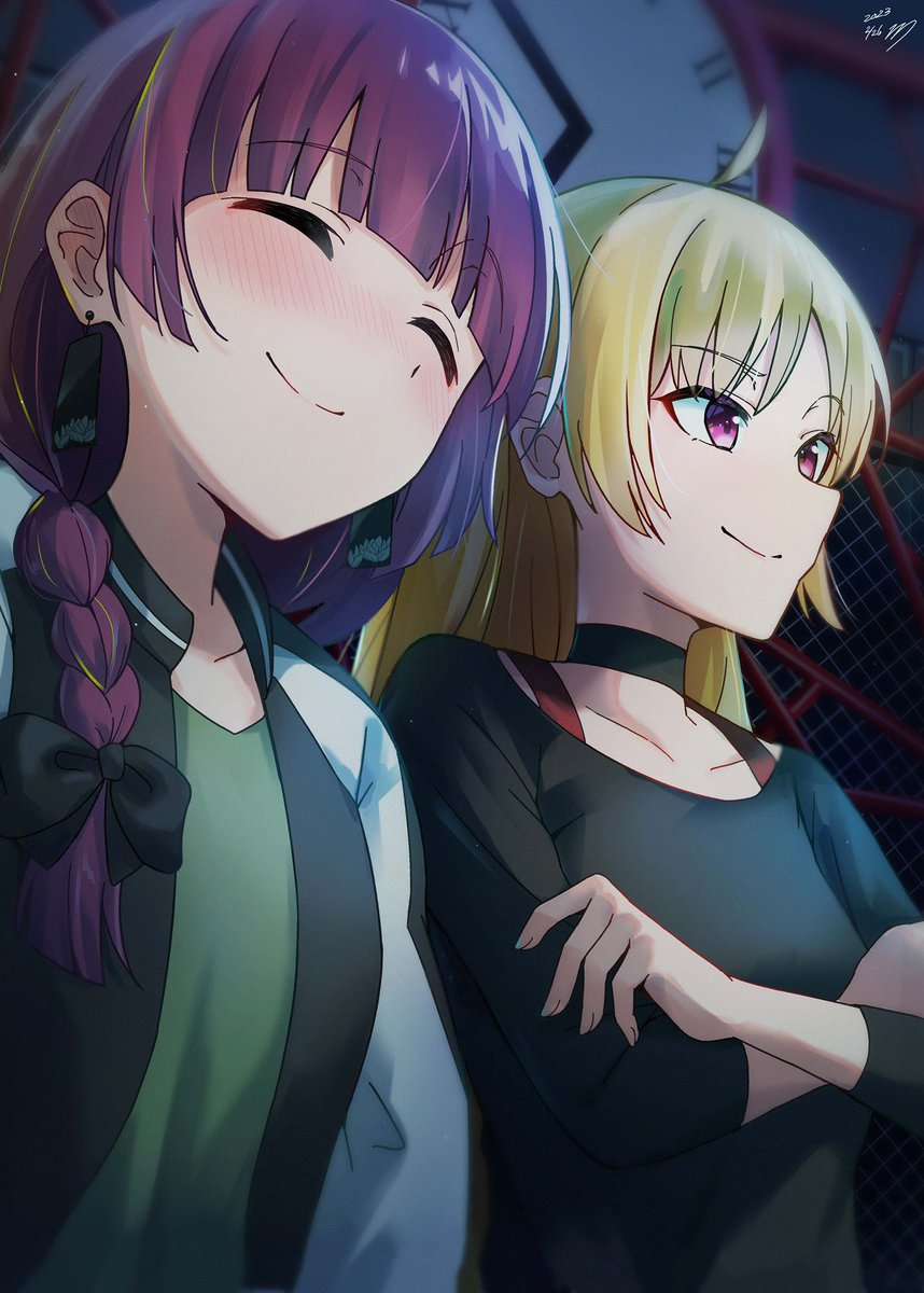 multiple girls 2girls smile jacket purple hair closed eyes blonde hair  illustration images