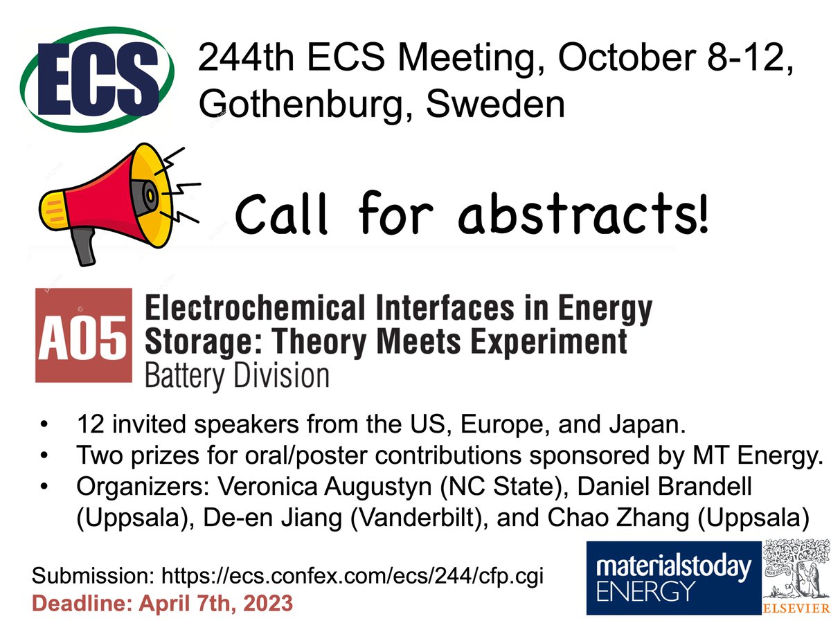 We proudly announce Symposium A05 at the 244th ECS Meeting in Gothenburg. ecs.confex.com/ecs/244/cfp.cgi
Submit now to A05 and win two prizes for oral/poster presentations!
@chem_angstrom  @StructuralChem1 @ECSorg @MaterialsToday @Vero_Augustyn