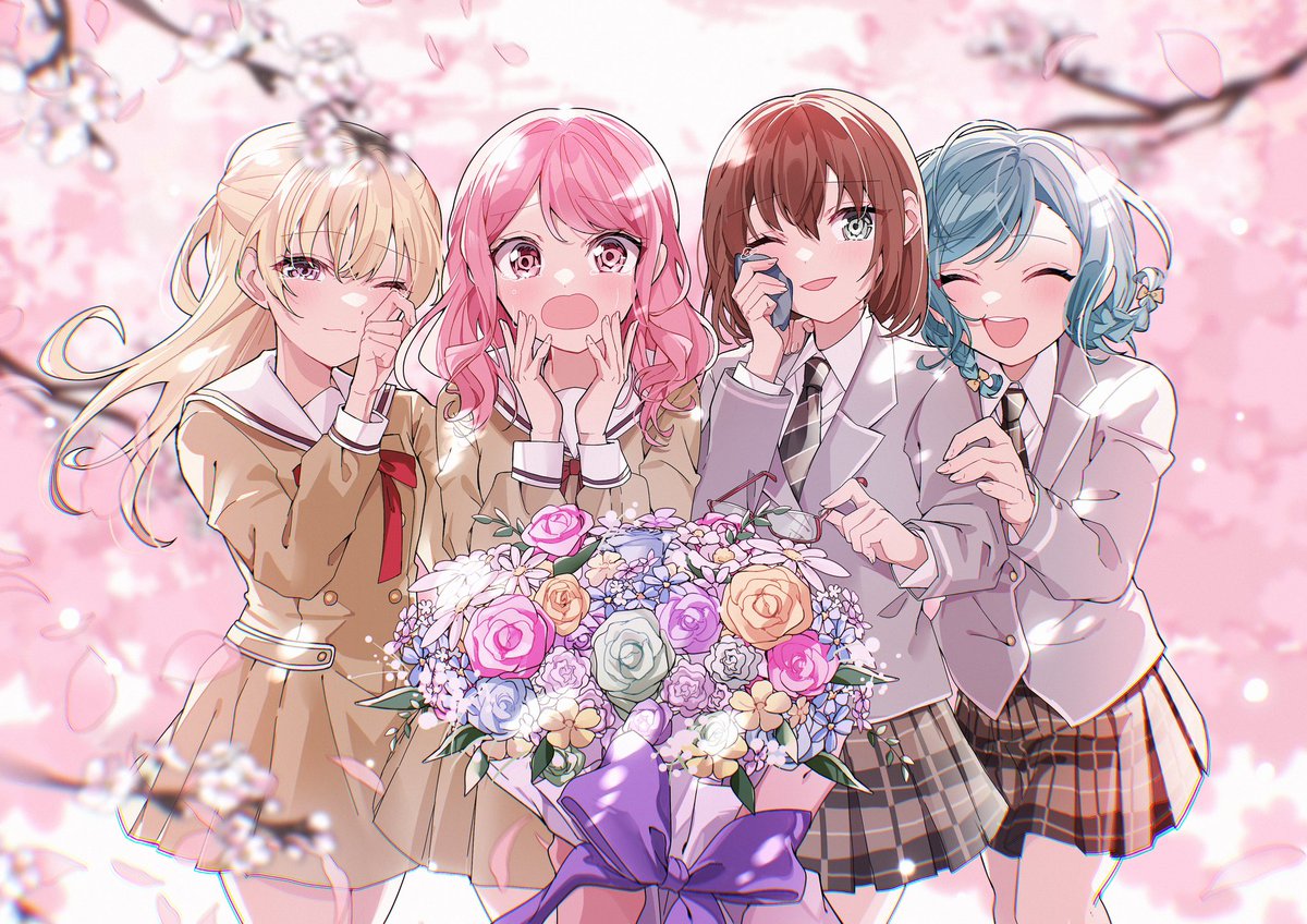 hikawa hina ,maruyama aya ,shirasagi chisato multiple girls hanasakigawa school uniform school uniform one eye closed pink hair blonde hair 4girls  illustration images