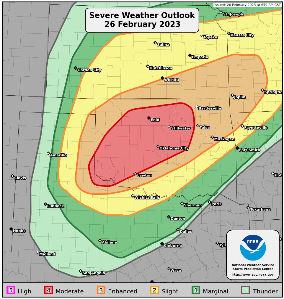 NWSSPC's tweet photo. 7:28am CST #SPC Public Severe Weather Outlook #PWO concerning #okwx #txwx https://t.co/g2qMhpWHk8 https://t.co/uB5MV1sDXR