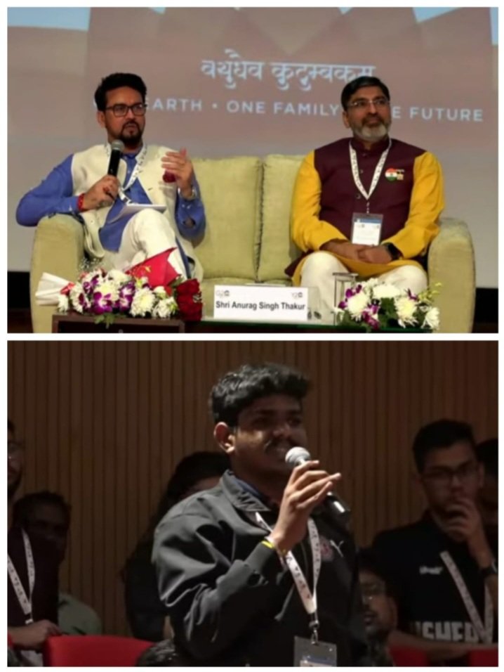 GECR_NSS's tweet photo. Jai Hind 🇮🇳!
Glad to inform that NSS, GEC Raipur Volunteers Nikhil and Bhuvisha represented our university CSVTU, Bhilai as youth delegates in front of Dr. Anurag Singh Thakur in G20-Y20 summit and Regional Director and SNO mam appreciated and encouraged our work.   
Jai Hind 🇮🇳! https://t.co/pJZcMAAUvN