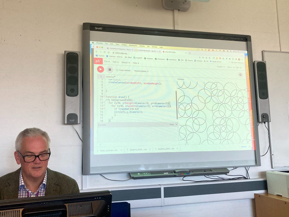 PhilWickins's tweet photo. The amazing @mberry live coding at #ilovecomputing23 in p5, creating Op Art! Fascinating stuff! https://t.co/SUGFSIktdS