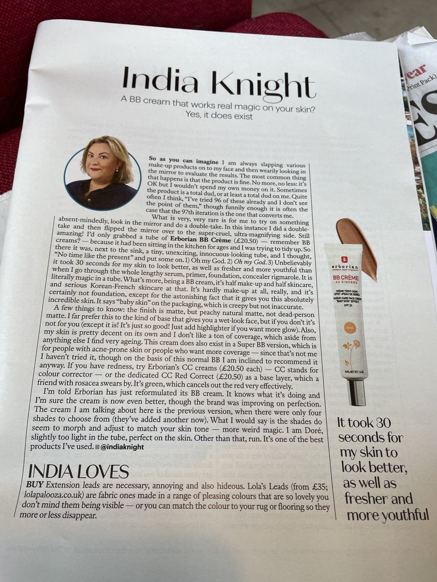The great ⁦<a href="/indiaknight/">india⚔️ Knight</a>⁩ has agreed with ⁦<a href="/SarahJossel/">Sarah Jossel</a>⁩ and me about the life-changing Erborian BB crème. Drawing this to ⁦<a href="/catsmail/">Catriona Nicholson</a>⁩ s attention too!