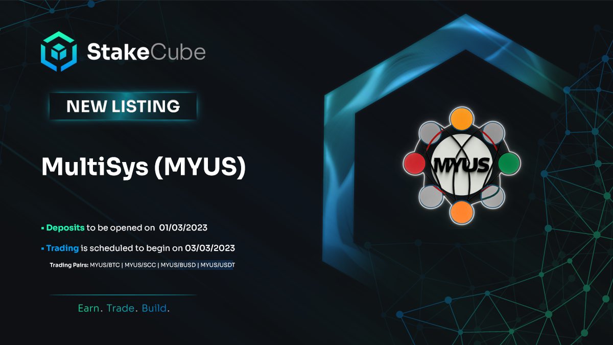 stakecube's tweet photo. Welcome to StakeCube, @Multisys13!

$MYUS will soon be listed on the platform and available on the exchange. https://t.co/DisT8gSXaU