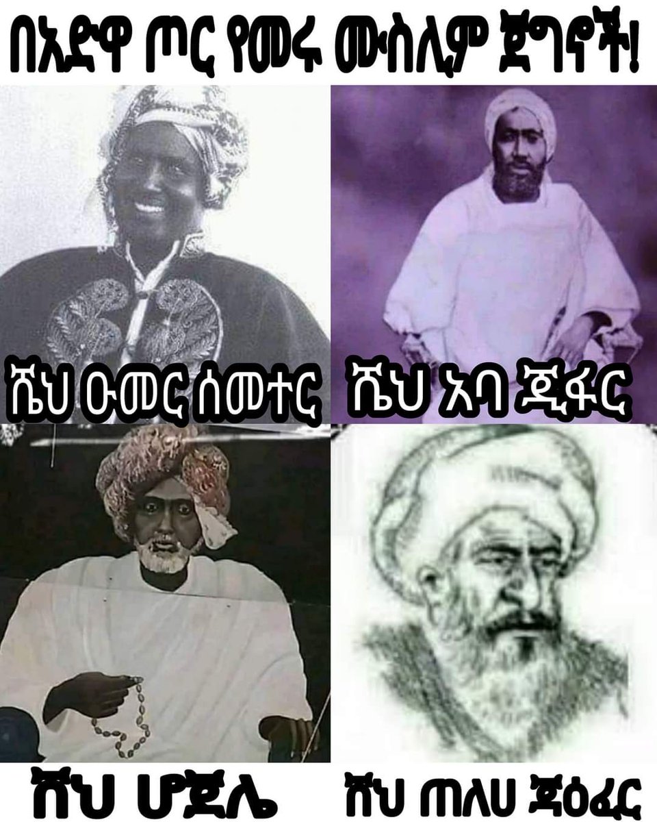 ታሪክን እንወቅ! በአድዋ ድል በከፍተኛ የጦር አመራር ብቃት ሰራዊት በመምራትና በመዋጋት በድሉ ከፍተኛ አሻራ ያላቸው ሙስሊም ጀግኖቻችን! 
ሸህ ንጉስ አባ ጂፋር፣ ሸህ ደጃዝማች ዑመር ሰመተር፣ ሸህ ሆጀሌ፣ ሸህ ጠለሀ ኢብን ጃዕፋር!