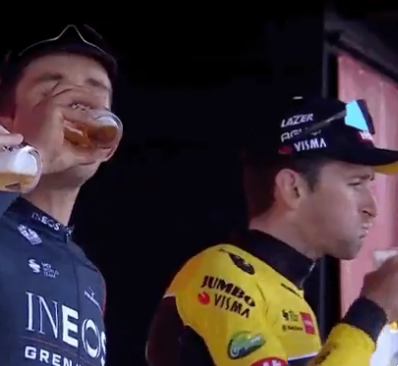 OutOfCycling's tweet photo. Benoot drinking Amstel vs Benoot drinking Kwaremont https://t.co/9Z2QBePGaY