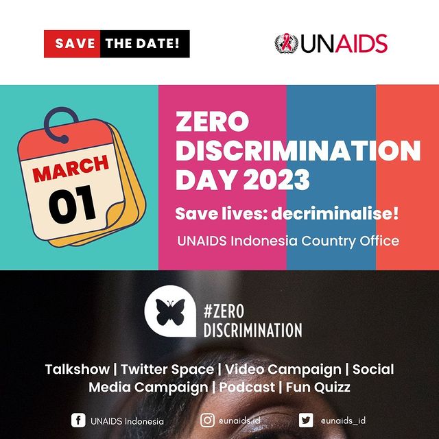 Repost from @unaids_id
SAVE THE DATE!
ZERO DISCRIMINATION DAY 2023!
#SaveLivesDecriminalise

Save the date ya!
#ZeroDiscrimination #ZDD2023 #AntiDiskriminasi #Savelivesdecriminalise #1March