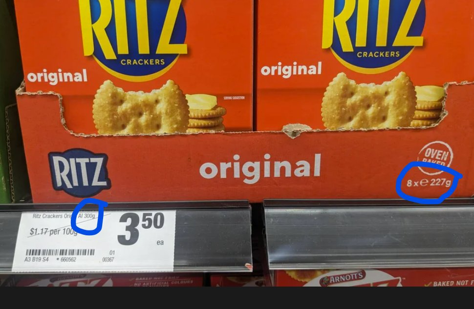 WallStreetMav's tweet image. Ritz Crackers, 300g to 227g, still $3.50 AUD

#shrinkflation = stealth inflation