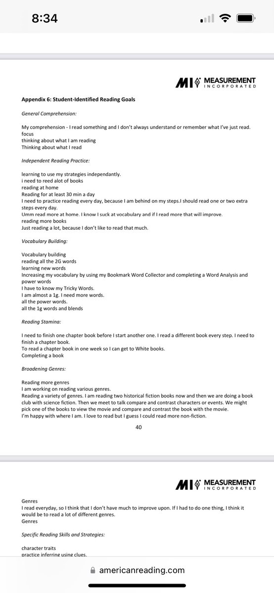 LBollman_thinks's tweet image. Study on #IRLA - child responses to their #readinglevel goals: “I know I suck at vocabulary” “I’m behind on my steps” “focus” “completing a book” “I’m no good at reading” • HOW does this validate your work?? @AmericanReading americanreading.com/documents/repo… (Appx 6)